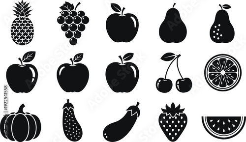 Black Fruit Silhouette Icon Set with Apple, Pear, Pineapple, Grapes, Cherry, Strawberry, Watermelon and Vegetable Shapes Vector Collection