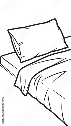 Minimalist line drawing of a neatly made bed in a calm bedroom setting.