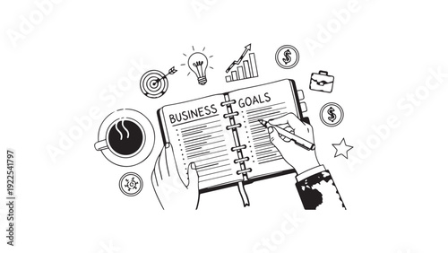 Business Goals Planner Notebook with Coffee Cup – Productivity and Strategic Planning Concept for Entrepreneurs and Office Professionals