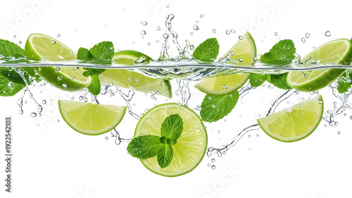 Lime slices and mint leaves in water on transparent background