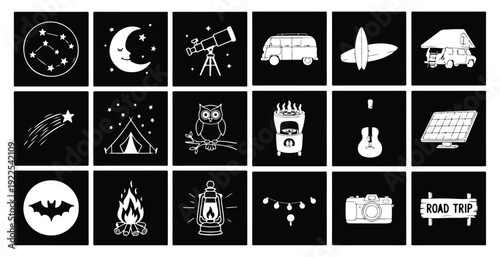 Adventure and Camping Icon Set, Night Sky and Van Life Vector Symbols