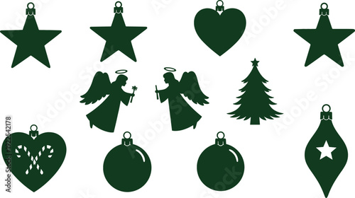 Christmas Ornament Silhouette Set with Stars, Angels, Heart, Tree and Bauble Decorations Festive Holiday Vector Collection