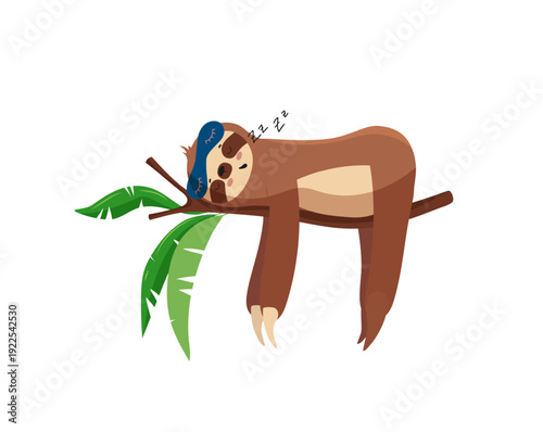 Vector illustration of a sloth sleeping on a tree branch with headphones.