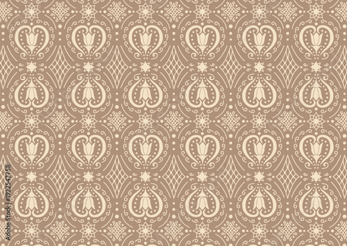 Seamless ornamental tulip pattern in warm beige tones with heart shapes, swirls and lattice diamonds in light cream, elegant floral repeat vector background for textile, wallpaper, wrapping paper