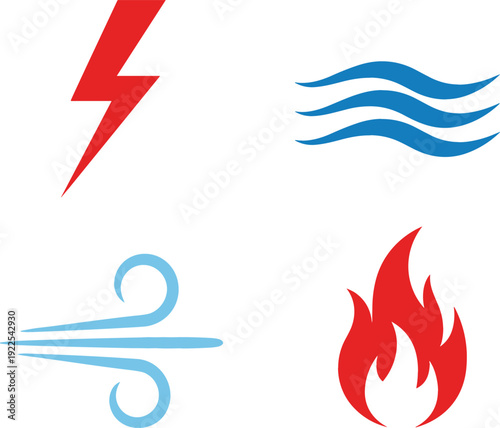 Four Elements Icon Set Featuring Lightning Bolt, Water Waves, Wind Swirl, and Fire Flame Symbols in Minimal Flat Vector Style