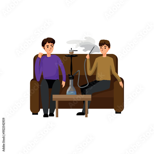 Vector illustration of two men smoking hookah on a brown sofa with a table.