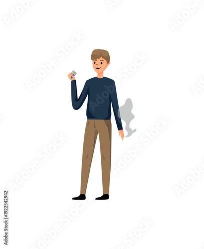 Vector illustration of a man standing and smoking with a cloud of smoke.
