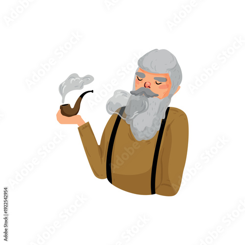 Vector illustration of an old man with a beard smoking a pipe.