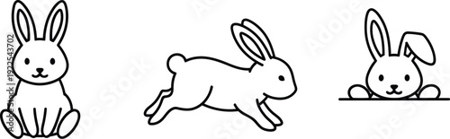 Simple black and white line drawings of three adorable rabbits posing
