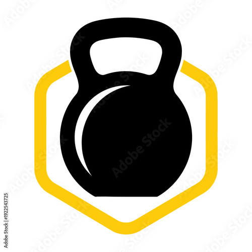 Black Kettlebell Icon with Yellow Hexagon.