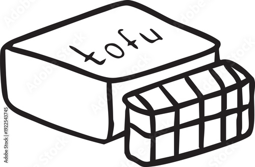 Black and white line art vector illustration of tofu block and slices with text, plant based protein