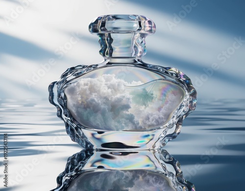 Floating Nebula Perfume Bottle Luxury Cosmetic Campaign Background with Crystal Refraction Glow