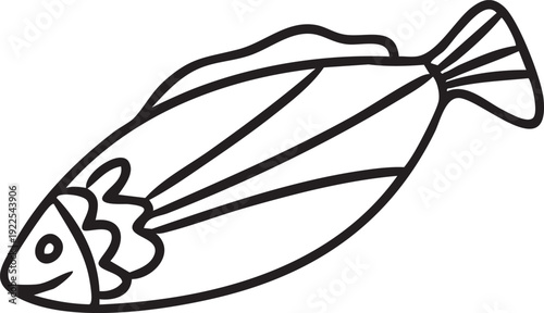 Black and white line art vector illustration of whole fish, healthy seafood concept
