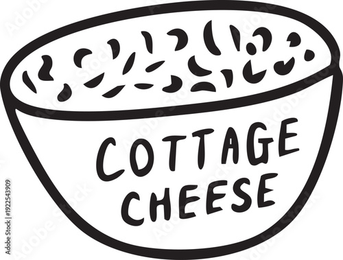 Black and white line art vector illustration of cottage cheese bowl with text