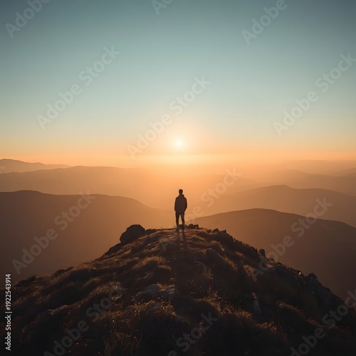 Silhouette of a man standing alone on a mountain peak looking at golden sunrise, success and achievement concept.