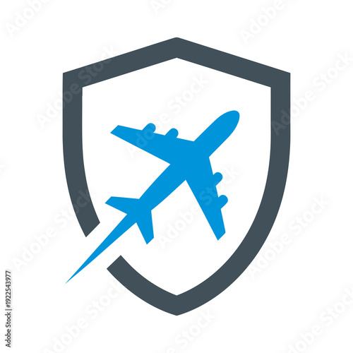 Blue Airplane Inside Shield Protection Icon.