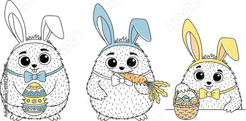 Three cartoon bunnies celebrating easter with eggs and carrots together