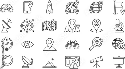 Navigation and Exploration Line Icon Set with Map, Compass, Globe, Telescope, Satellite, Location Pin, and Travel Outline Vector Collection