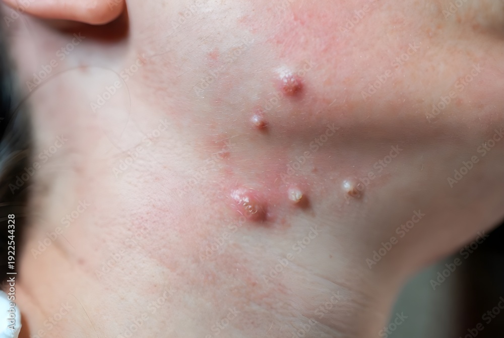 Fototapeta premium Close up of inflammatory acne pustules and cystic breakouts on woman's jawline neck