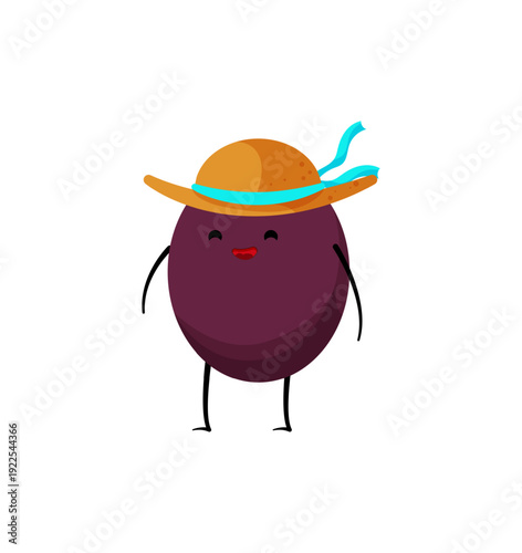 Vector illustration of a cartoon purple fruit character wearing a straw hat.