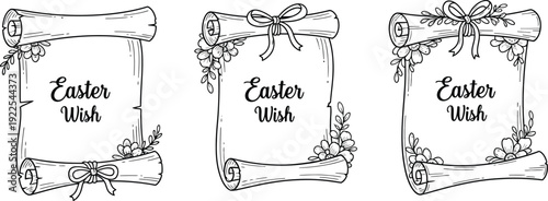 Hand drawn easter greeting card designs with floral decorations and ribbons
