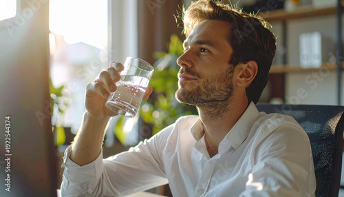 Giovane uomo che beve un bicchiere d'acqua fresca in ufficio per idratarsi durante una pausa di lavoro. Generative AI 