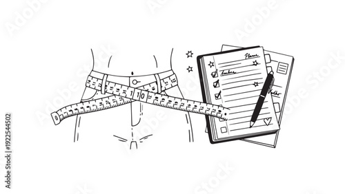 Waist Measurement with Tape and Goal Planner – Weight Loss and Fitness Progress Concept for Health Programs and Diet Campaign