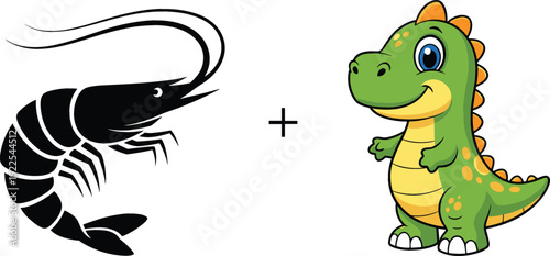 Shrimp and Cute Dinosaur Character Illustration Set with Seafood Silhouette and Cartoon Reptile Mascot Vector Graphic Collection
