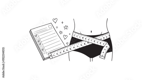 Waist Measurement with Tape and Goal Planner – Weight Loss and Fitness Progress Concept for Health Programs and Diet Campaign