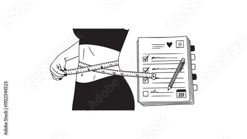 Waist Measurement with Tape and Goal Planner – Weight Loss and Fitness Progress Concept for Health Programs and Diet Campaign