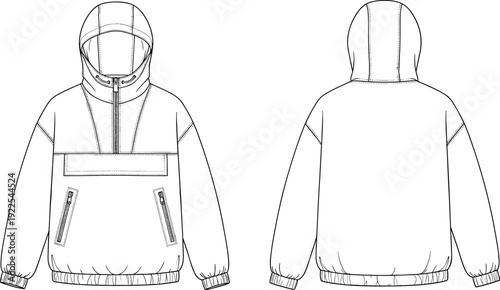 anorak, jacket, hoodie, apparel, clothing, fashion, outerwear, windbreaker, pullover, outline, template, mockup, technical, drawing, vector, illustration, design, front, back, hooded