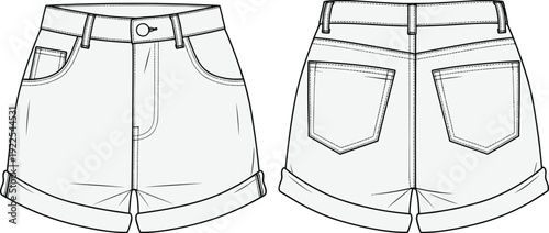 denim, shorts, apparel, clothing, fashion, casual, garment, jeans, outline, template, mockup, technical, drawing, vector, illustration, design, front, back, pocket, folded