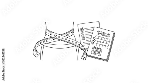 Waist Measurement with Tape and Goal Planner – Weight Loss and Fitness Progress Concept for Health Programs and Diet Campaign