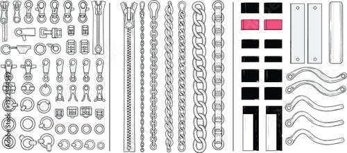 hardware, accessories, zipper, chain, buckle, ring, clasp, fashion, apparel, sewing, metal, outline, technical, drawing, vector, illustration, design, collection, detail, template