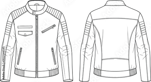 jacket, biker, leather, apparel, clothing, fashion, outerwear, moto, zipper, pockets, outline, template, mockup, technical, drawing, vector, illustration, design, front, back