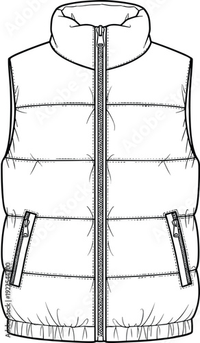 puffer, vest, jacket, apparel, clothing, fashion, outerwear, winter, quilted, outline, template, mockup, technical, drawing, vector, illustration, design, zipper, sleeveless, padded
