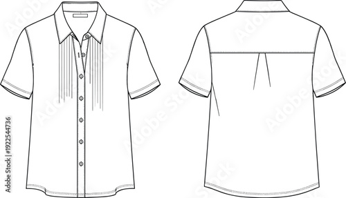 shirt, blouse, apparel, clothing, fashion, casual, garment, buttoned, collar, outline, template, mockup, technical, drawing, vector, illustration, design, front, back, pleated