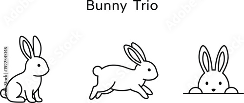 Simple black and white illustration of three bunnies in various poses