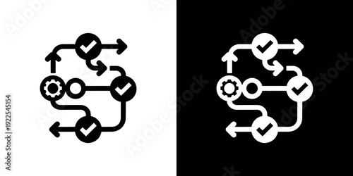 Black and white flowchart with checkmarks and gear