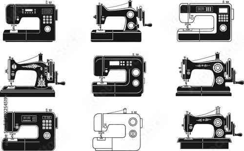 Vintage and Modern Sewing Machine Silhouette Set with Classic Tailoring Equipment and Electric Stitching Devices Vector Collection