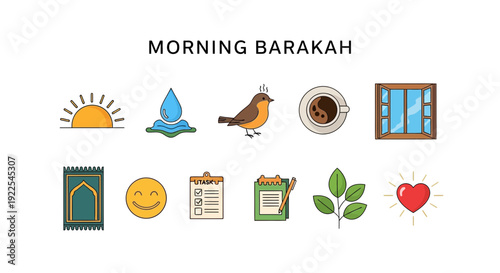 MORNING BARAKAH text above two rows of ten colorful minimalist icons