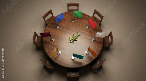 Miniature round table with colored flags, chairs, and olive branch. Board of peace, diplomatic summit, and multilateral negotiation concept.