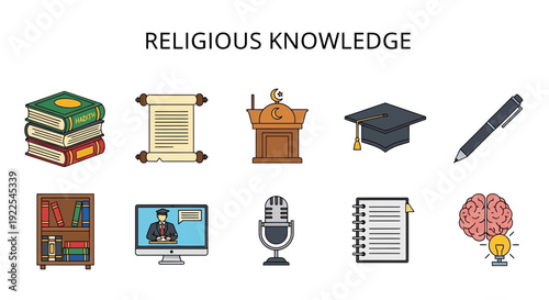 Ten icons related to religious knowledge displayed in two rows