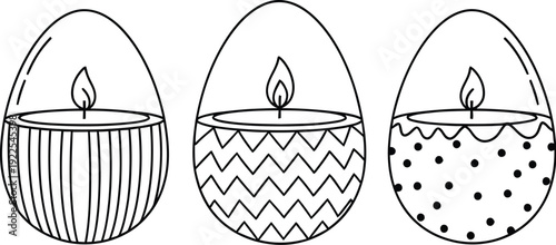 Simple black and white illustration of three easter eggs with candles inside