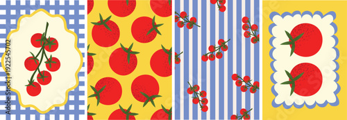 Tomato kitchen cards collection with red tomatoes, branches and decorative frames. 