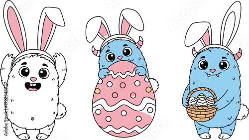 Fun easter bunny characters holding eggs and basket illustration