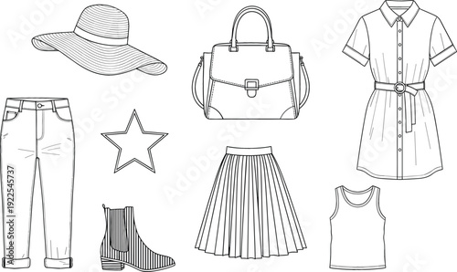 Women Fashion Clothing and Accessories Outline Set with Dress, Skirt, Jeans, Handbag, Hat and Boots Line Art Vector Collection