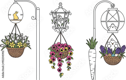 Beautiful hanging garden planters with flowers and easter themed decorations