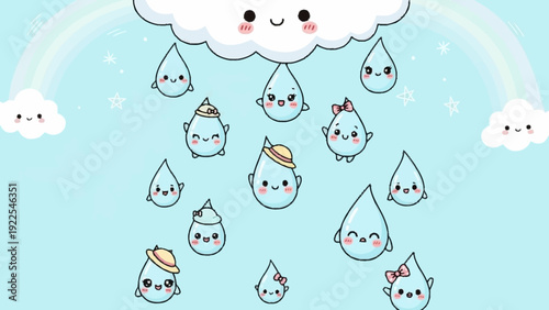 Cute Cartoon Raindrops Falling from Cloud.