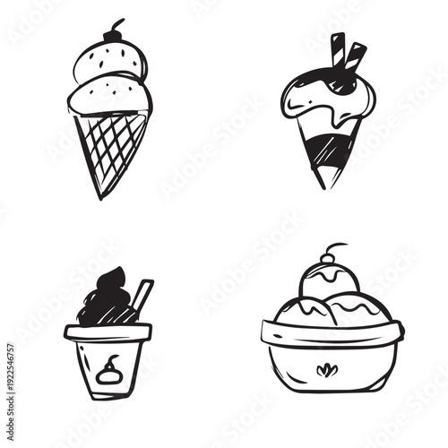 Ice cream hand drawn doodle set. Sweet dessert sketch collection with cones and sundae bowl. Summer cold treats isolated on white background for cafe menu design.